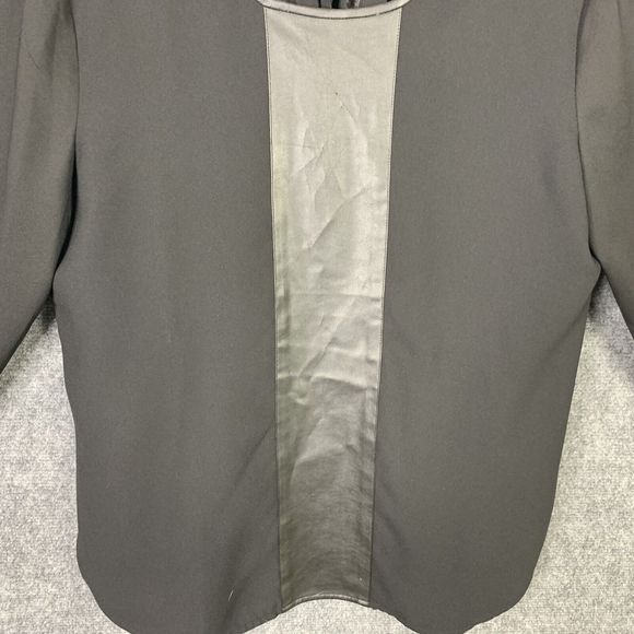 Ann Taylor Black Top 3/4 Sleeve Front Leather Panel Women M Keyhole & Tie Back - Picture 3 of 10